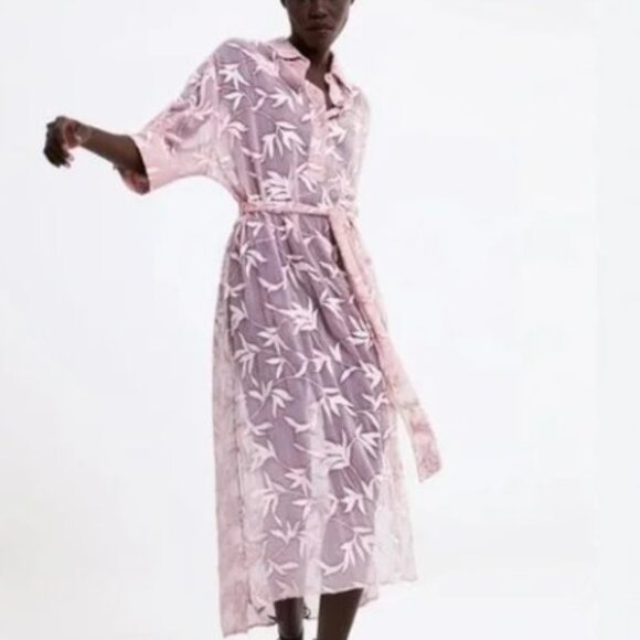 Zara sheer embroidered floral maxi shirtdress - Picture 1 of 12